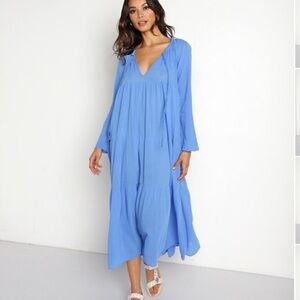 9seed Majora Dahlia Long Sleeve Cotton Maxi Dress Moroccan Blue Size Large